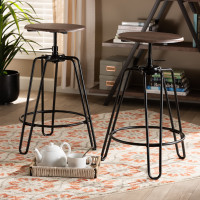 Baxton Studio LY-N0641-BS Veera Vintage Industrial Rustic Walnut Finished Wood and Black Metal 2-Piece Adjustable Swivel Bar Stool Set
